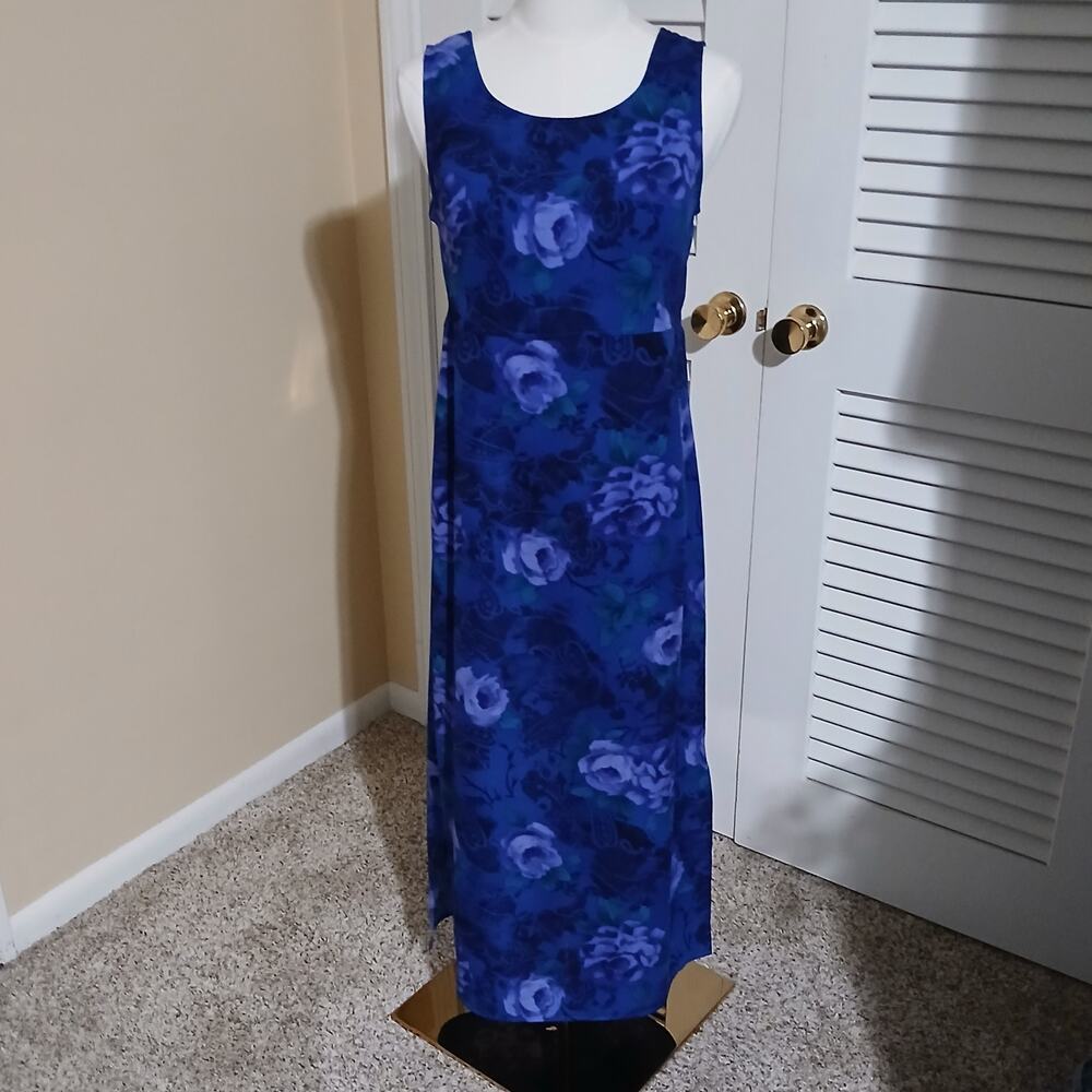 Chadwick's 4 MAXI Sleeveless FLORAL Side-Slit Blue Long Tie-Waist A-Line Dress - Picture 5 of 13
